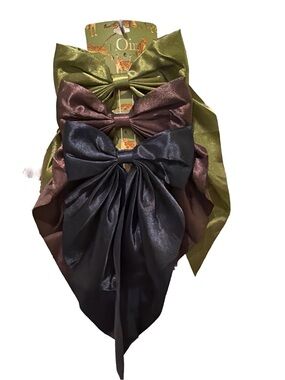 noir Set of 3 Large Satin Bow Hair Clips in Olive, Brown, and Black